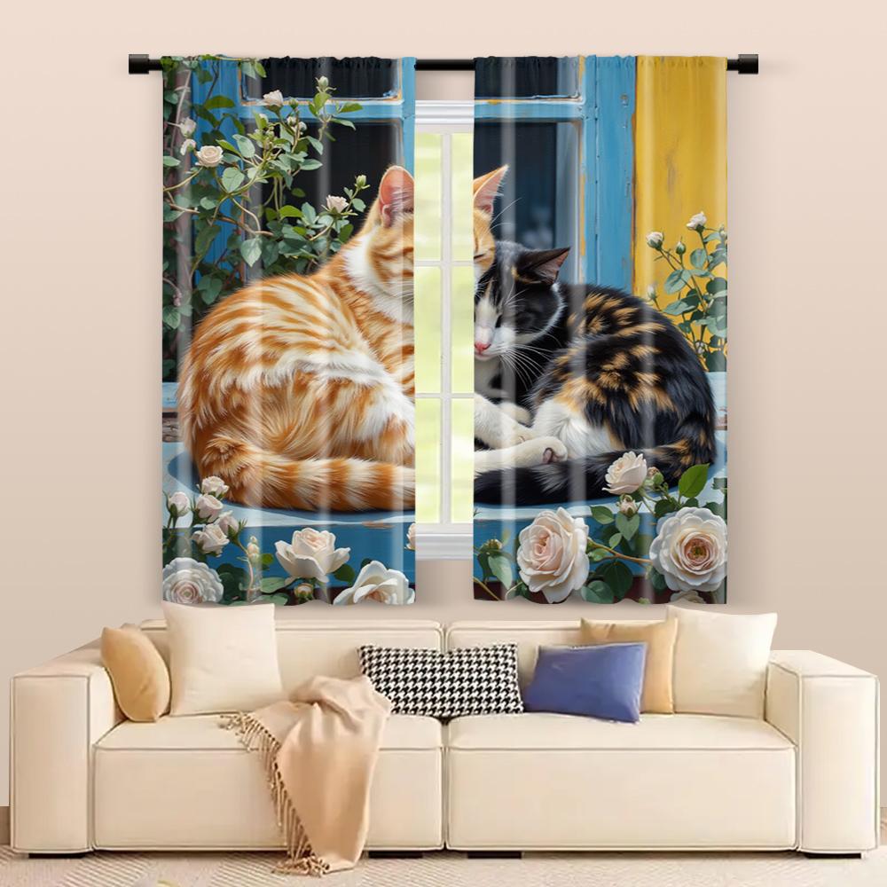 Set Of 2 Filtering Curtains Excluding Rods Non Movable Without Batteries Adorable Lazy Cat Flowers Use Bedrooms Curtain For Master Bedroom Made