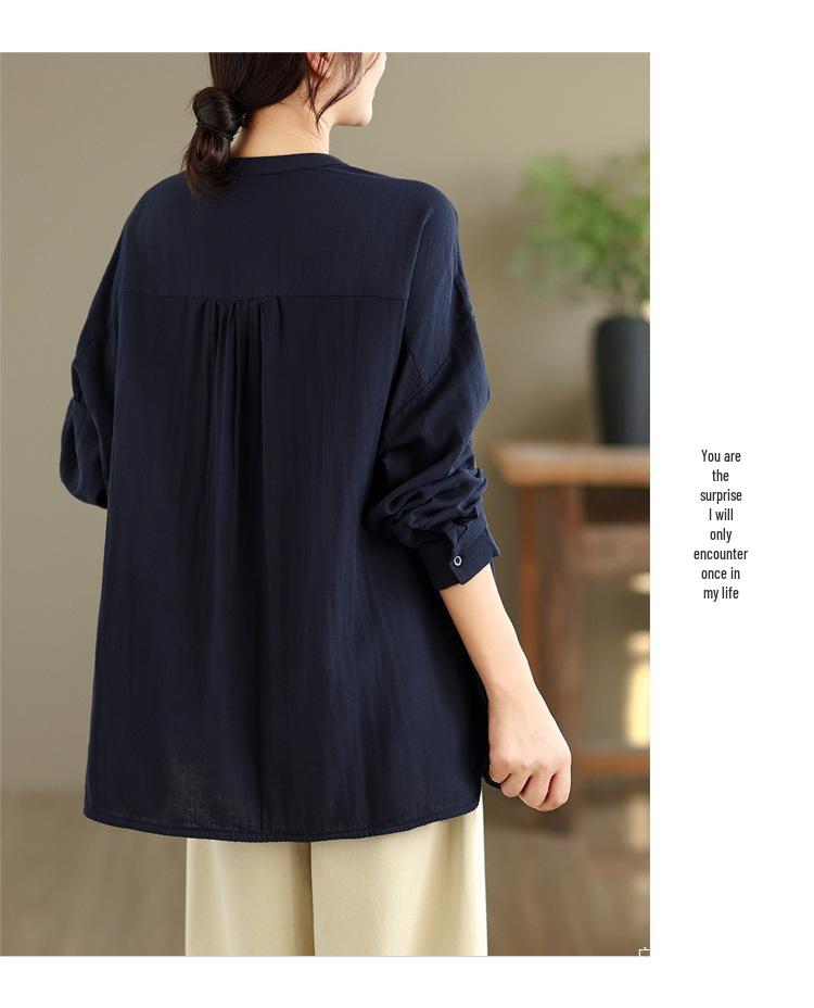 Women's 2025 Cotton Gauze Round Neck Long Sleeve Loose Embroidery Shirt