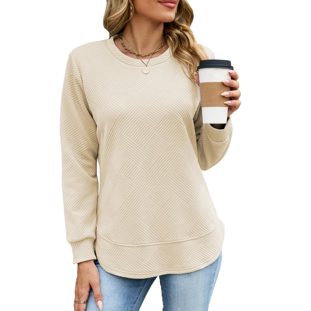 Fall Winter New Women's Solid Color Crew Neck Loose Long Sleeve Plaid Sweatshirt Top for Amazon Cross-border Trade