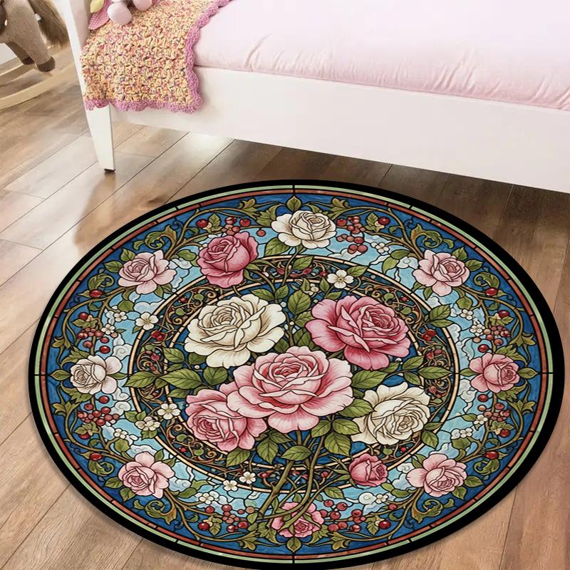 Vintage Rose Runder Teppich, Teppich für Wohnzimmer Schlafzimmer Sofa Spielzimmer Dekor, Rutschfeste Bodenmatte109