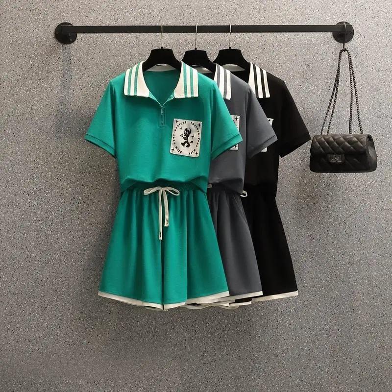 Women's Summer Embroidered Casual Shorts and Top Two-Piece Set - Korean Style, Plus Size, Sporty, Age-Reducing Fashion.