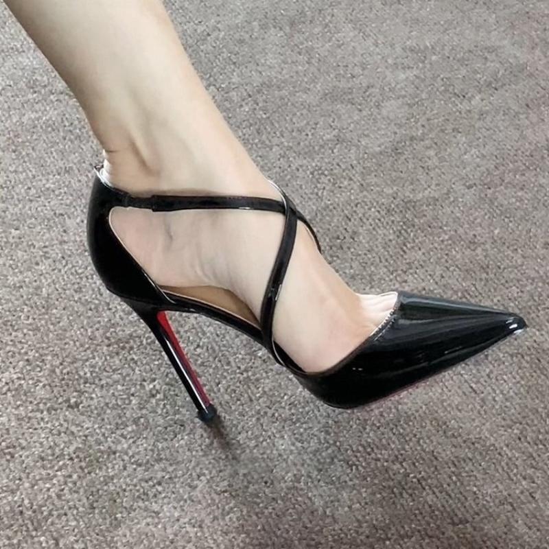 Fashion 2025 New Sexy Pointed High Heel Sandals Hollow Out Buckle Strap Red Sole Women Shoes
