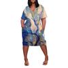 Letní nadměrné velikosti V výstřih krátký rukáv ke kolenům kapsa potisk ležérní šaty pro ženy