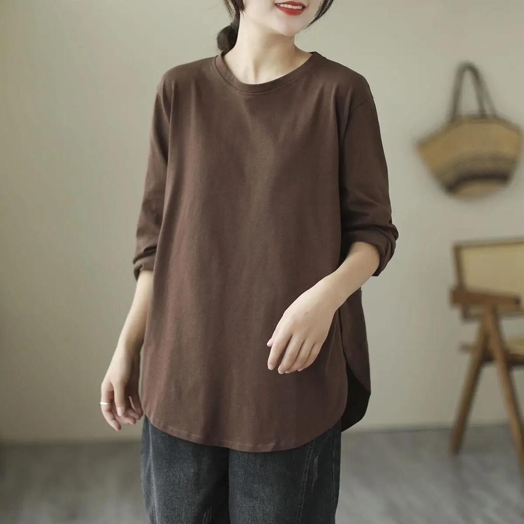 Spring and Autumn New Loose Slim Solid Color Base Top Sweatshirt Pure Cotton Long-sleeved