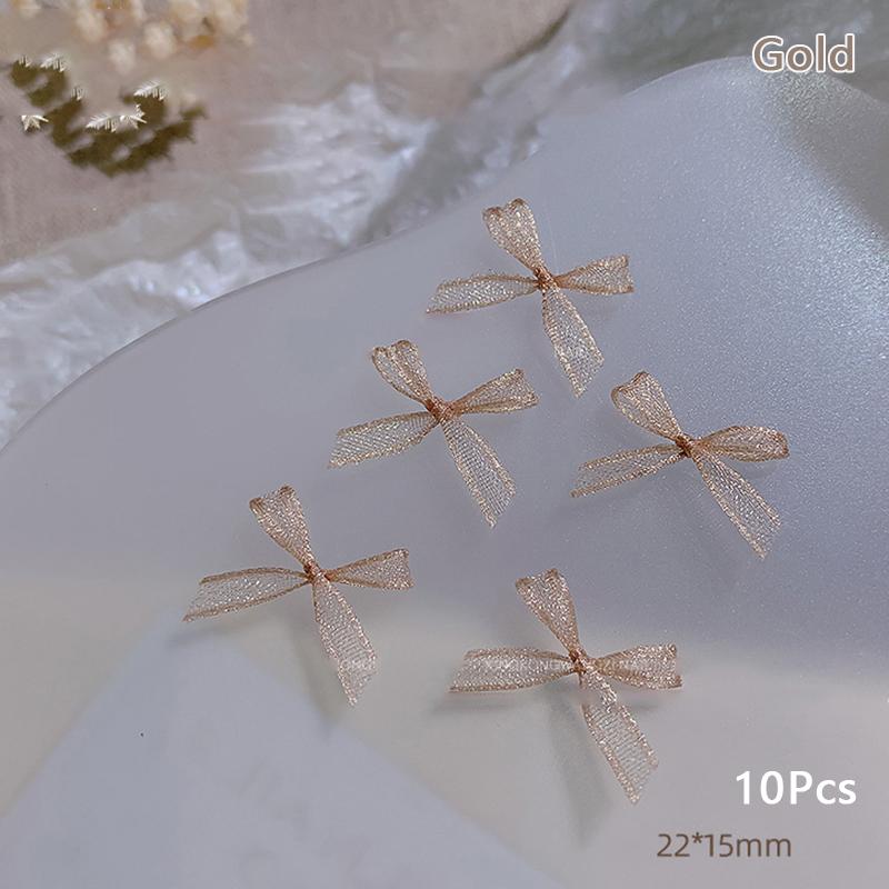 

10 шт. подвески-бантики для ногтей из органзы, 3D-украшения, банты, узелки, стразы, корейские детали для ногтей, украшения для маникюра, кавайные аксессуары золотой