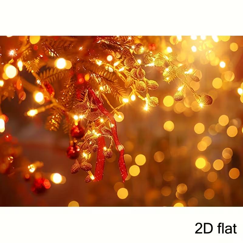 2D Flat Print Christmas Bokeh Backdrop Warm Golden Lights Pine Branch Photography Background
