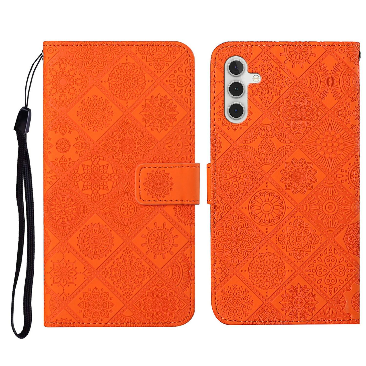 

For Samsung Galaxy A26 5G/A16 5G/A16 4G Leather Case Ethnic Style Phone Wallet Cover with Strap Orange