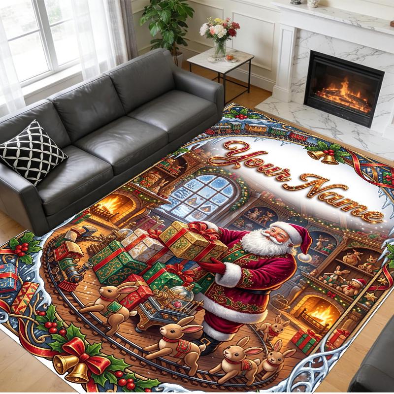 Christmas Custom Name Printed Square Area Rug Soft Non Slip Floor Carpet For Bedroom Holiday Gift