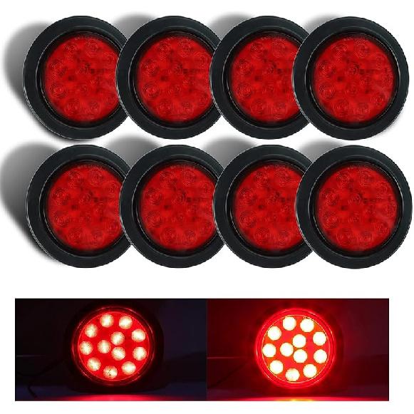 4Pcs 4" Round Red LED Trailer Tail Lights, Grommet Plug 12 LED Waterproof Stop Turn Signal Stop Brake Trailer Lights For Tractor Truck Bus Lorries