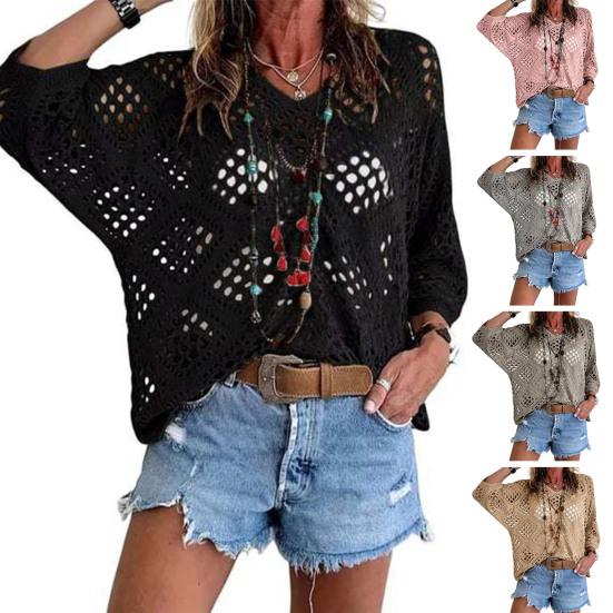 Women Tops V-Neck Three-quarter Sleeves Loose Fit Knitted Tops Pure Color Hollow Design Summer Casual Blouse