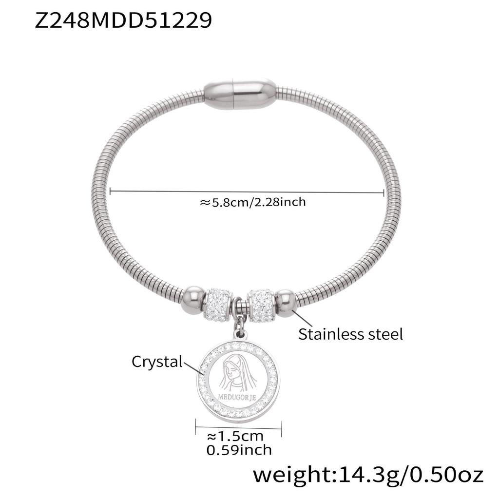 18K Gold-Plated Stainless Steel Round Pendant Bracelet with Zircon Inlay for Women - Popular European & American Style