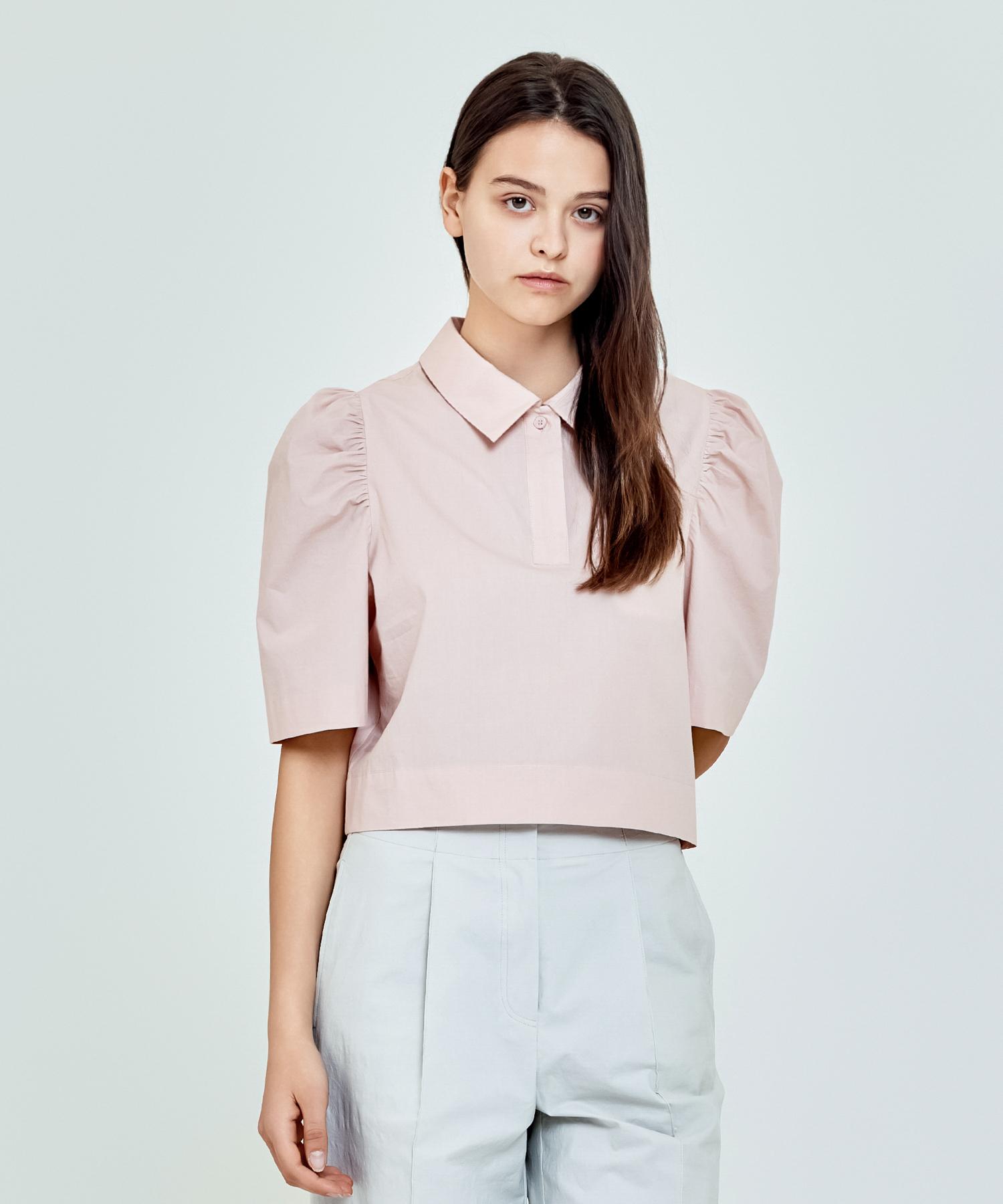 Depassion Collar Half Open Shirred Short Sleeve Blouse (Baby Pink) Free/Free