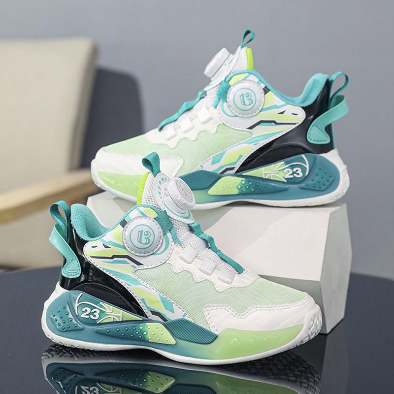 Boys' sneakers mesh breathable 2025 summer new button basketball shoes student fashion middle and older children's shoes trend