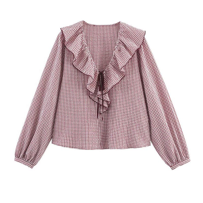

Kaslead New Arrival Women s Fashion Style Fashion Small Plaid Laminated Decoration Shirt 5029181 Picture Color L
