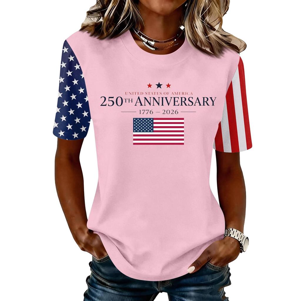 Blusa Feminina da Moda Casual de Manga Curta com Estampa e Gola Redonda