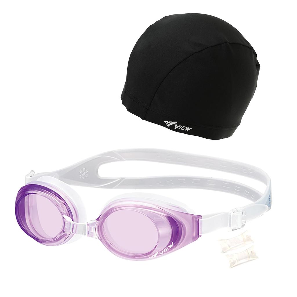VIEW Swimming Goggle Set Made in Japan Nose Strap Lavender [Goggles, Cap, 3-Piece Set]