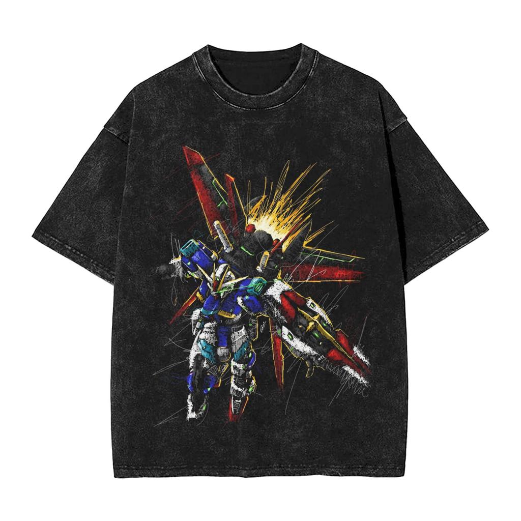 Harajuku Washed Shirts MOBILE SUIT GUNDAMs Manga Anime Merch Retro T Shirt Oversize Streetwear Cotton Tee Shirt