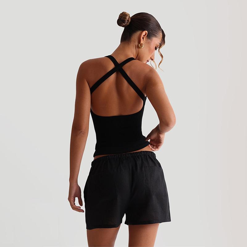 Débardeurs Casual Nervurés Femme Bas Col Bretelles Croisées Aminces Dos Nu Ventre Découvert Style High Street Filles Chaudes Hauts Classiques