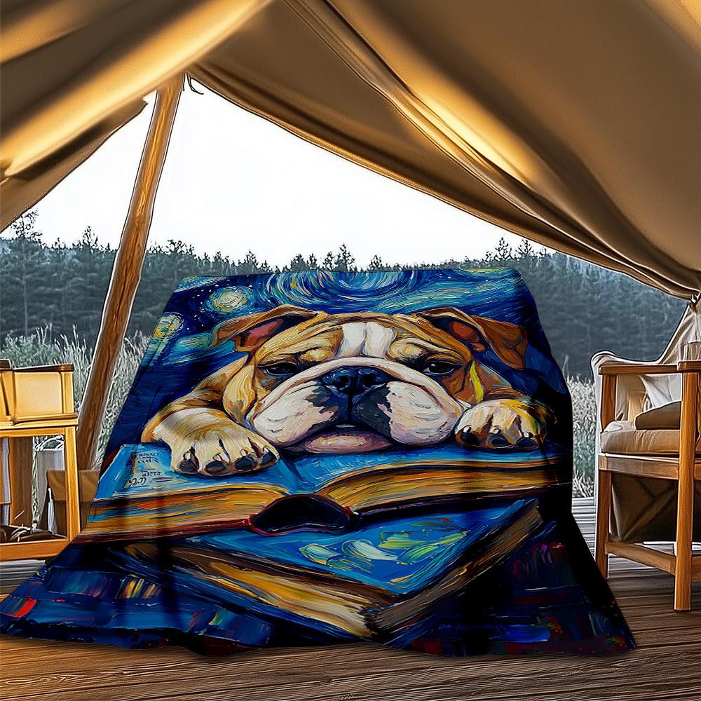 1pc Bookish Bulldog Outdoor Soft Polyester Flannel Throw Blanket Versatile for All Seasons , Soft , Cozy , Warm All Season Quilted Throw ,