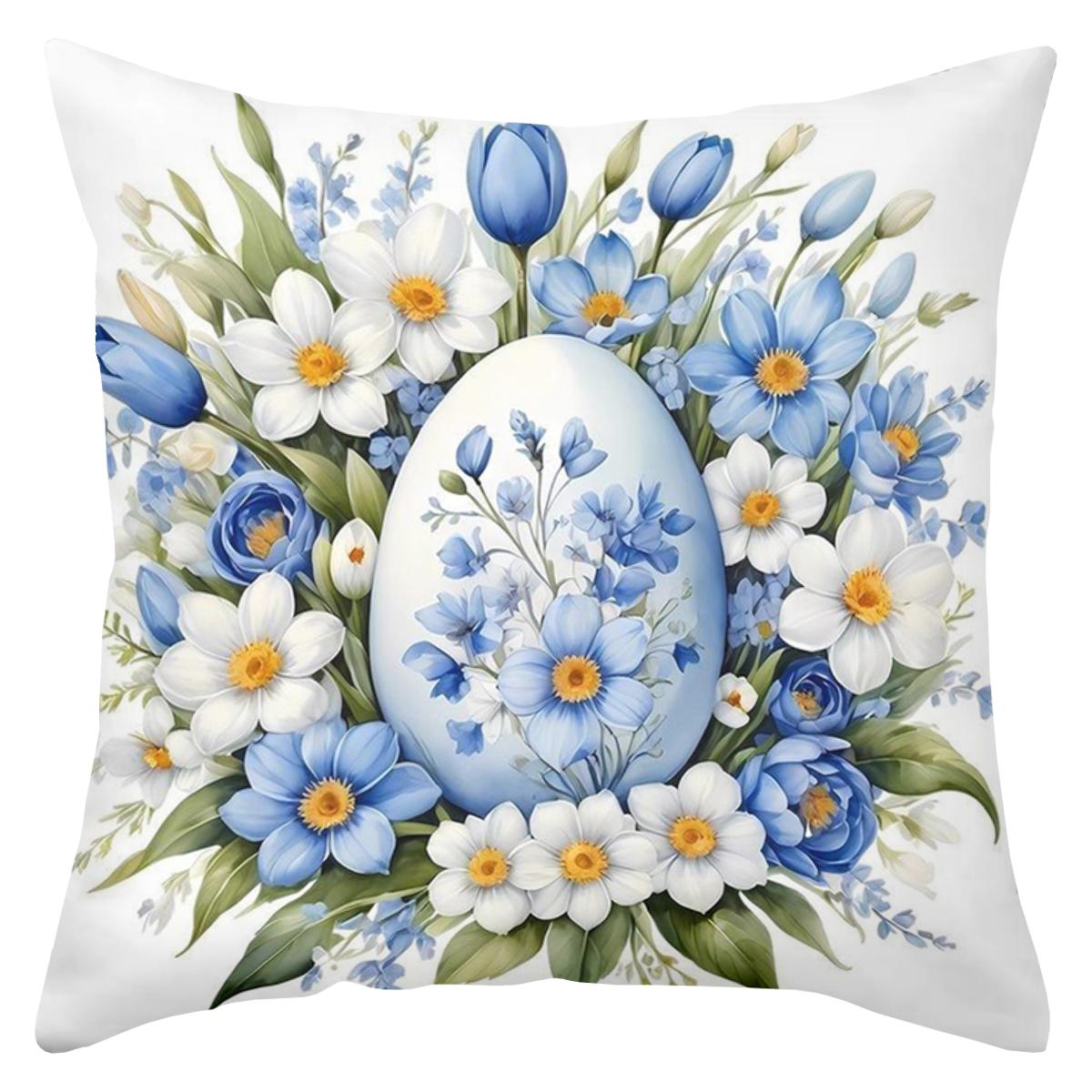 

Blue Floral Easter Pillows With Bunny And Eggs Polyester pillowcase, sofa decorative cushion cov Headboard Pillow 45x45cm