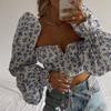 Women Floral Print Crop Top Off‑Shoulder Flare Long Sleeve Tie‑Up Ruched Slim Fit Blouse Summer Sexy Short Tops