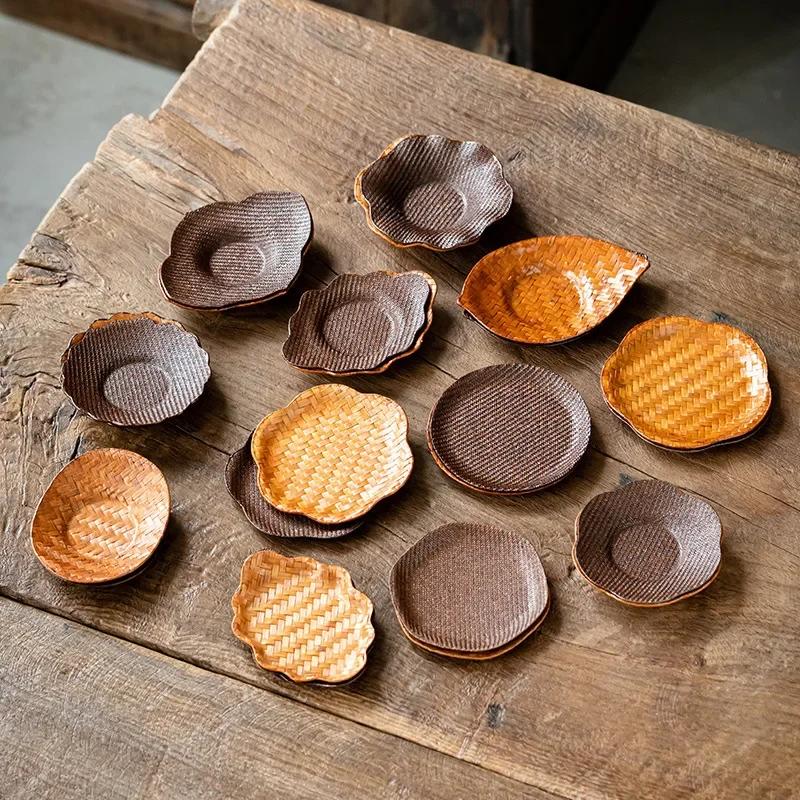 Handgeweven Theekoponderzetter Chinese Retro Bamboe Hittebestendig Kussen Creatief Mini Fruitbord Zen Theekop Rustplaats Theeservies Accessoire