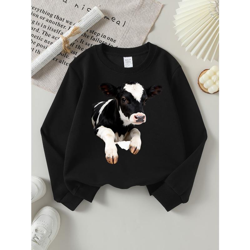 European sizes Kids' Crewneck Sweatshirt Black And White Cow Pattern Print , Sportswear And Casual Wear, Soft And Comfortable, Children's Clothing