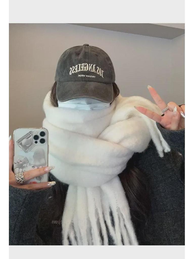 2024 Winter White Thick Solid Color Scarf for Girls - Korean Style, Versatile Student Shawl