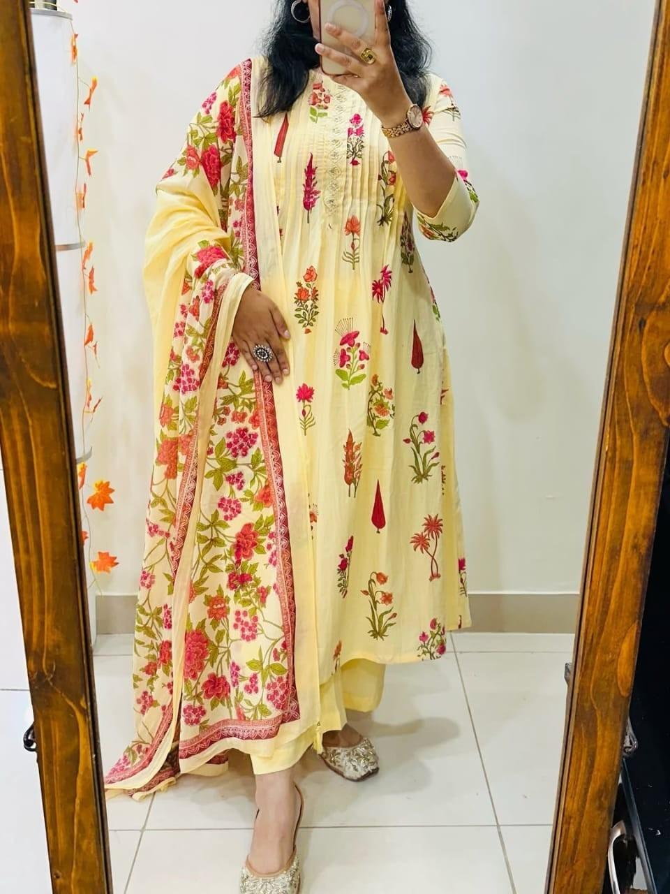 Pure Cotton Multi Printed Kurti Pant Dupatta Set Indian Party Wear Top Kurta Set