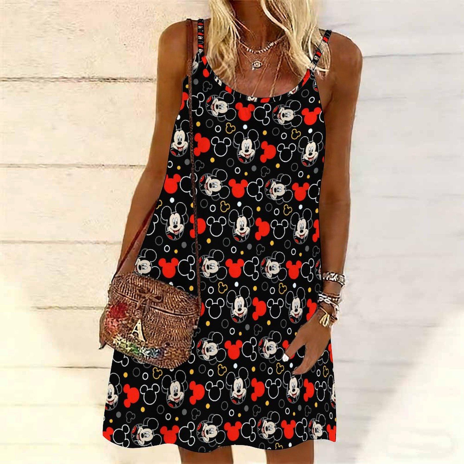 

Women Cute Cartoon Pattern Printed Mini Dress Sleeveless Party Dress Summer Beach Dress Sundress XS чёрный
