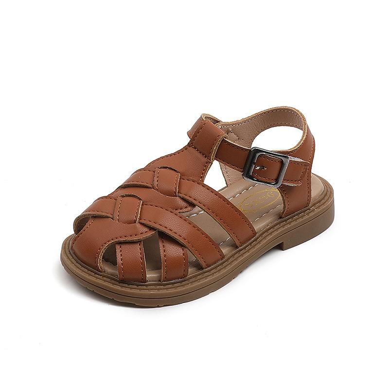 Girls Covered Toes Sandals 2024 Summer New Boys Soft Sole Breathable Black Beach Shoes Kids Fashion Girls Casual Flats Korean