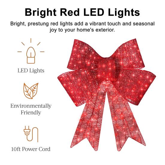 LED Christmas Bow Decoration Outdoor Holiday Yard Decor with Red Lights Timer-controlled Holiday Bow Lights