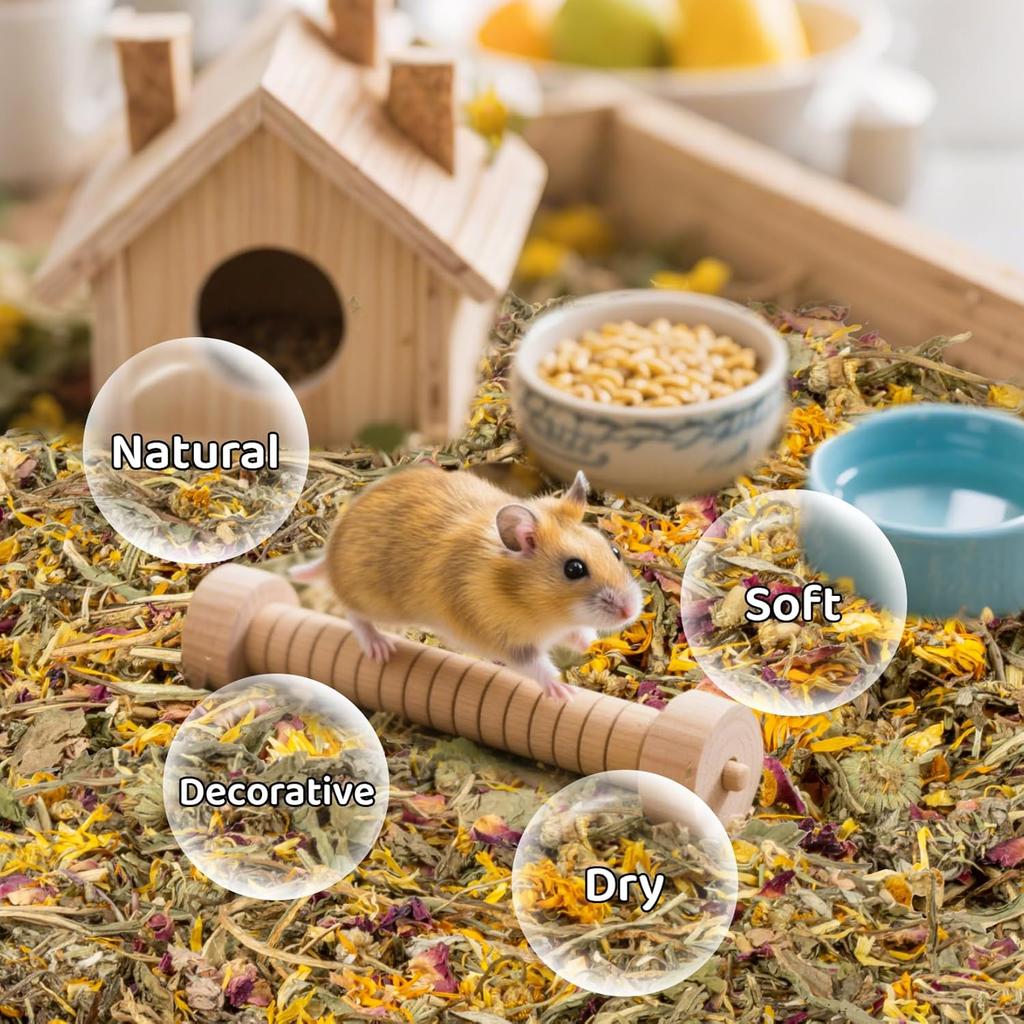 MAQIHAN Hamster Bedding Odor Control - 150G Hamster Sprays and Forage Flowers & Herbs Substrate Hamsters Cage Accessories for Dwarf Hamsters,Gerbil