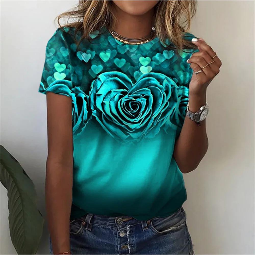 T-Shirt mit Blumenmuster für Damen, Blumen 3D-Druck T-Shirts, Sommer Casual Rundhals Tops, Kurzarm, Oversized Tees