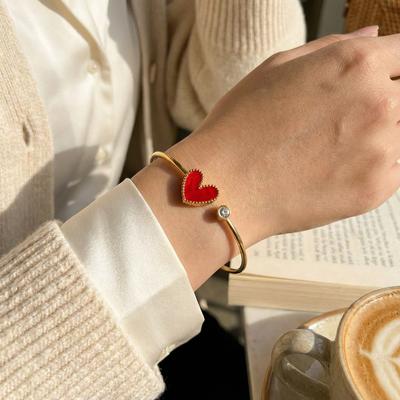 Stainless Steel Red Heart Open Bangle for Women Luxury Zircon Cuff Bracelet Adjustable Gold Color Wedding Jewelry Gift 2026