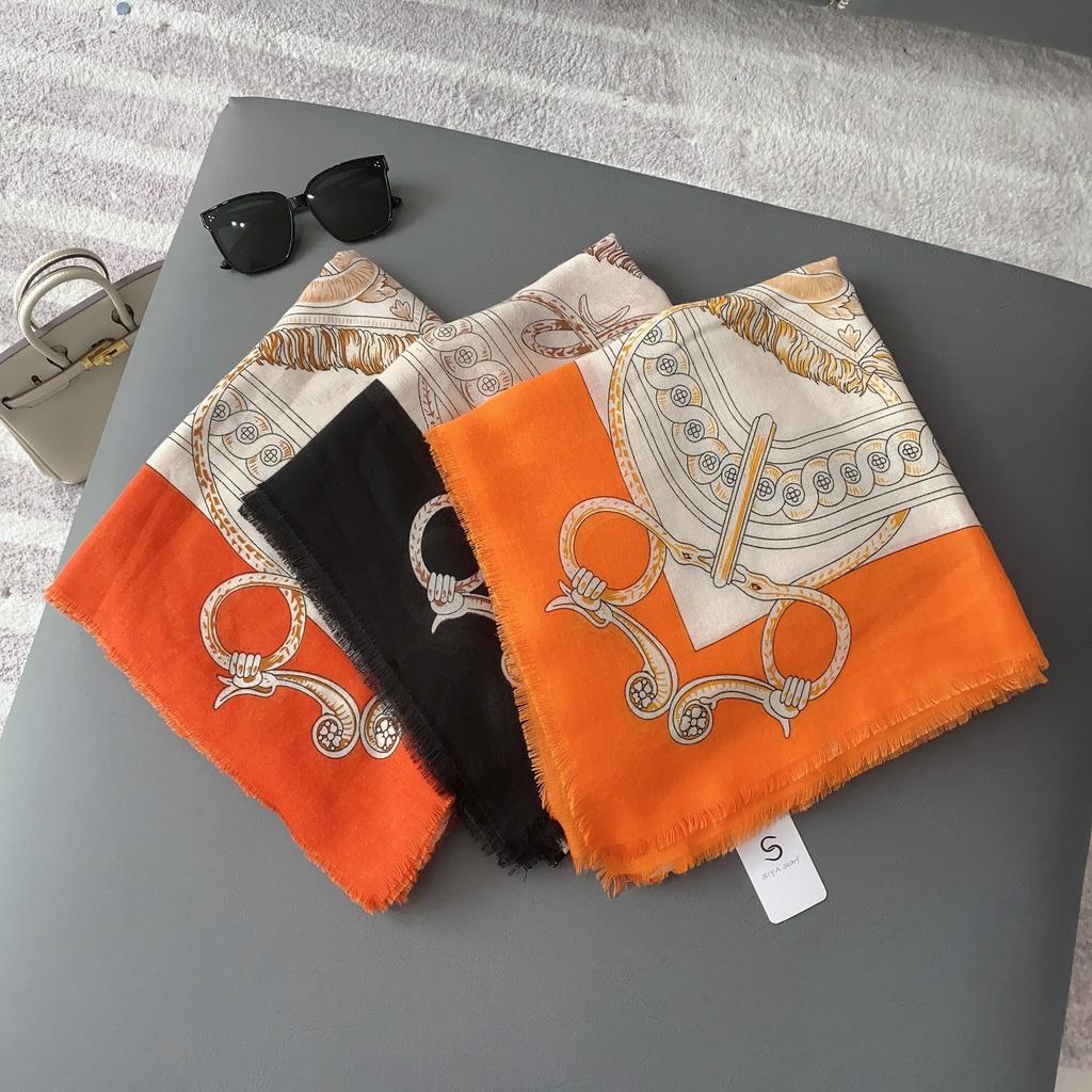 New Emma orange beard removal large square scarf fashion tassel women's temperament shawl silk scarf spring and summer go out decorative scarf