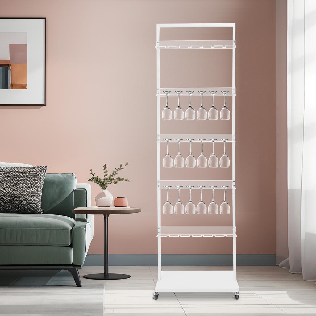 5-Tier Acrylic Champagne Tower, 30-Cup Stemware Display Rack with Wheels, White Champagne Glass Organizer, Bar Storage Shelf