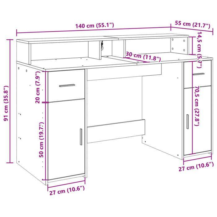 VidaXL Bureau avec lumières LED chêne sonoma bois d'ingénierie, bureau de travail, bureau d'étude, bureau à domicile, bureau 3309422
