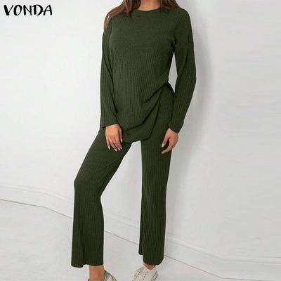 Spring Women Sets Spring Long Sleeve Rib Blouse and Pants Two Piece Suits