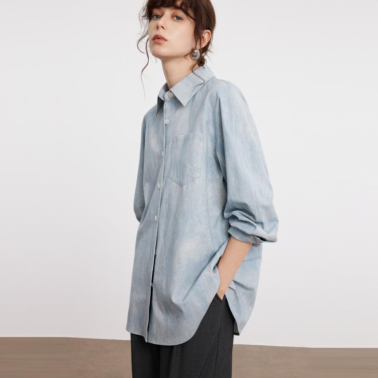 ELLE French Design Comfortable Fashionable Quality Lapel Long Sleeve Shirt Women shirts Blue EC49990