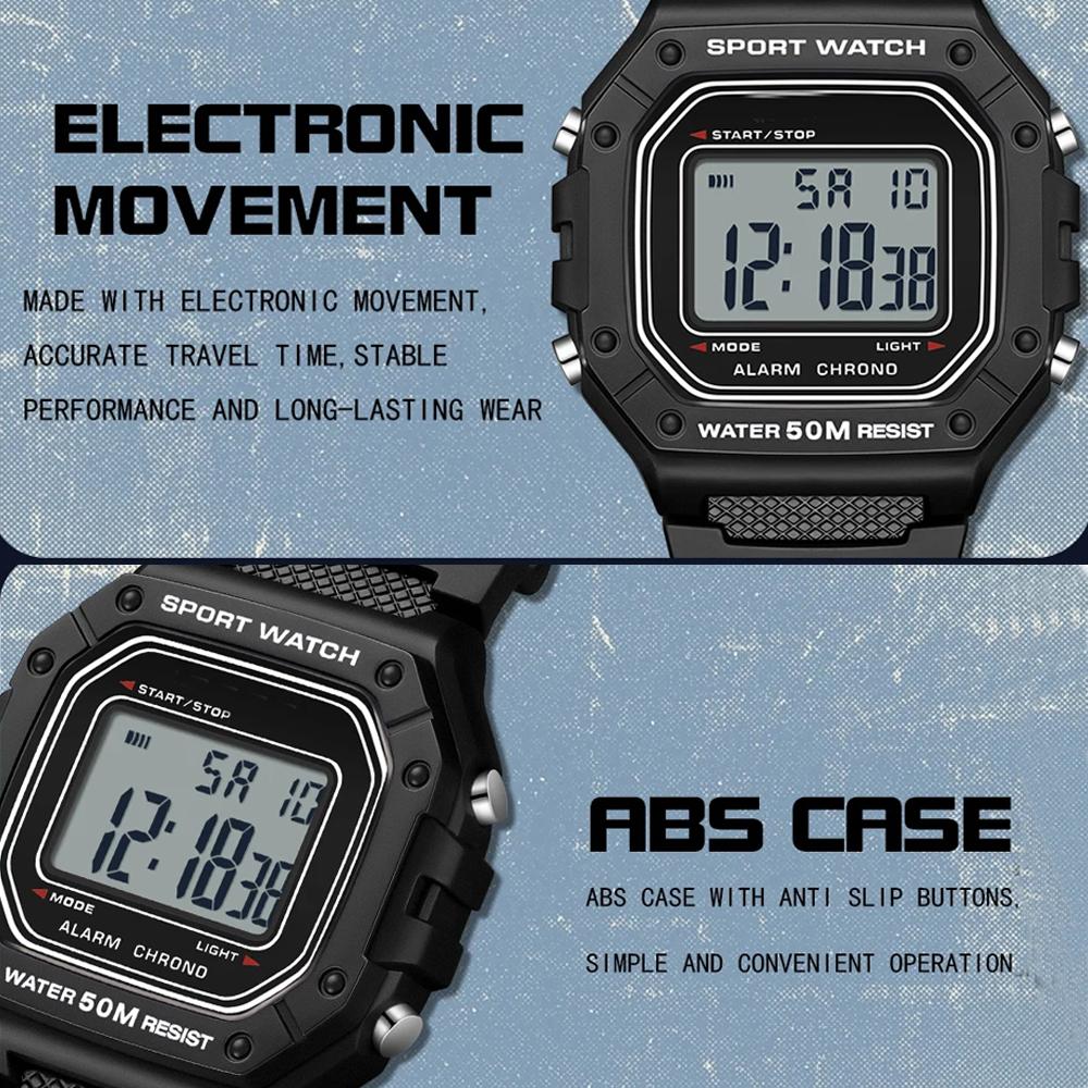 Herrenuhr Elektronisches Digitales Uhrwerk Rechteckiges LED-Anzeige Zifferblatt Outdoor Sport Wasserdicht Herrenarmbanduhr