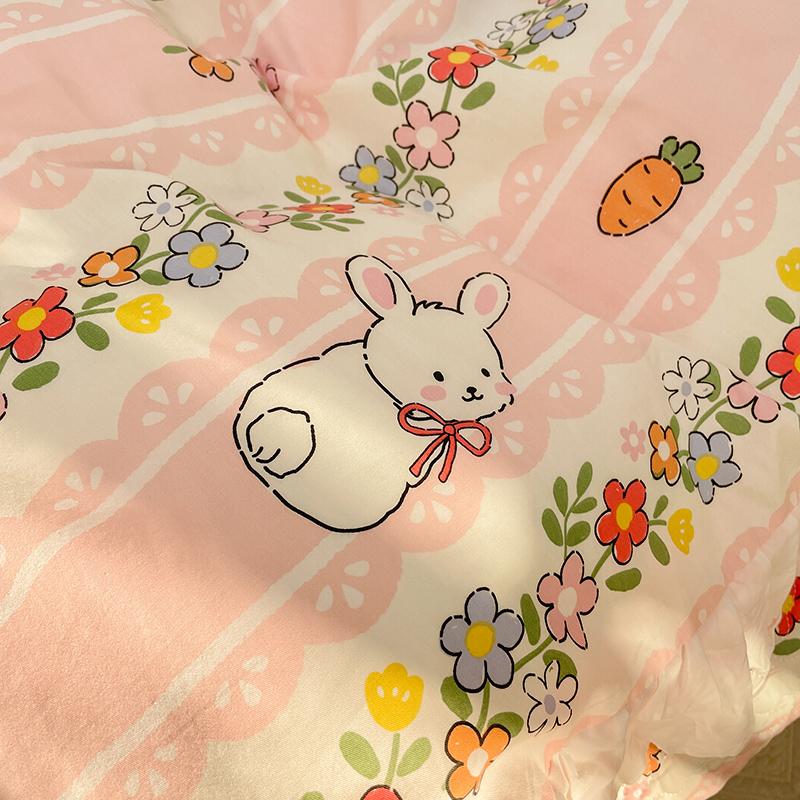 Botanical Floral and Cartoon Rabbit Duvet Cover 3pcs Kawaii Pink Bedding Set For Girl Teen 100% Cotton Farmhouse Comforter Cover
