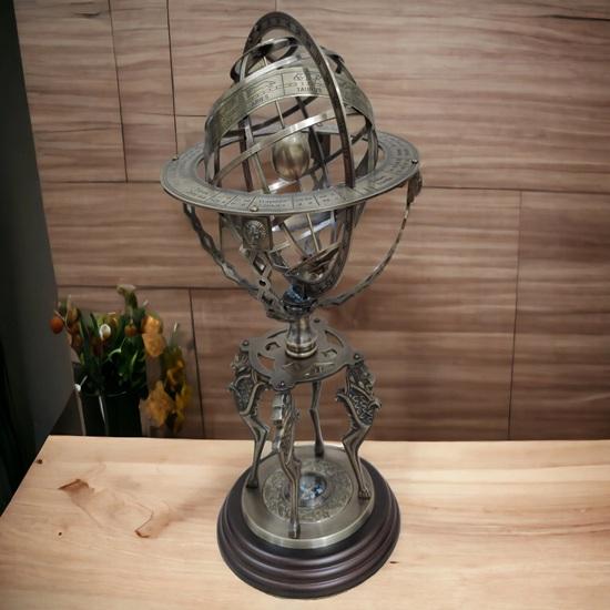 Brass Armillary Sphere On Wooden Base with Working Direction Compass, 45.72 Cm Nautical Globe Astrolabe-Inspired Decorative Item