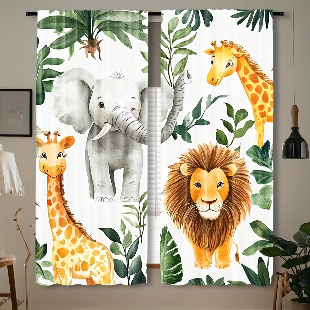 2pcs Safari Animal Adventure Curtains - Woodland Jungle Print with Lion, Elephant & More, Rod Pocket Design, Semi-Transparent Po