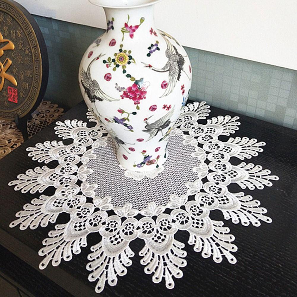 Round White Tablecloth Cup Mat Embroidery Flower Lace Pad Doily Coaster Placemat