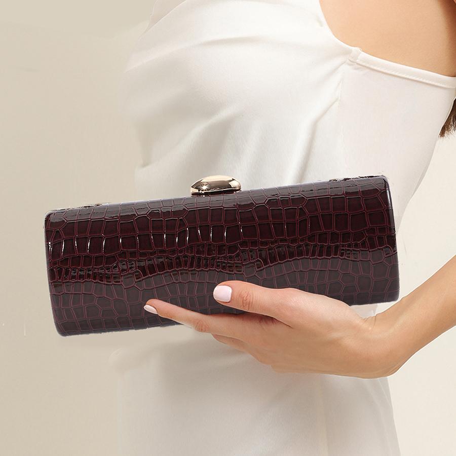 Vintage Cirkulær Rektangulær Clutch Kvinder PU Læder Krokodillemønster Punge Guld Metal Kæde Håndtaske Design Aftenfest Pung