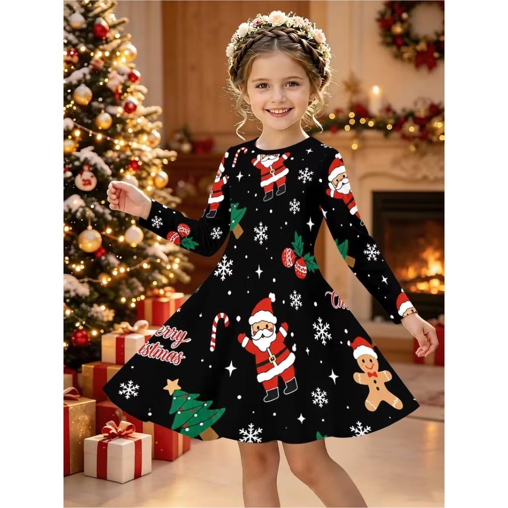 Girls' 3D Santa Claus Dress Long Sleeve Summer Spring Vacation Daily Holiday Princess Beautiful Sweet Kids 4-12 Years Casual Dress A Line Dress