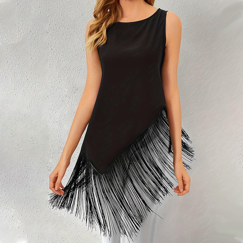 Spring and summer new tassel sleeveless irregular top shirt personalized women s spring and summer dress S