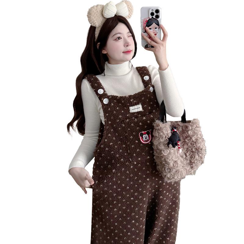 Korean Style 2025 Loose Knit Cartoon Plush Velvet Maternity Overalls Set Double Extra Large