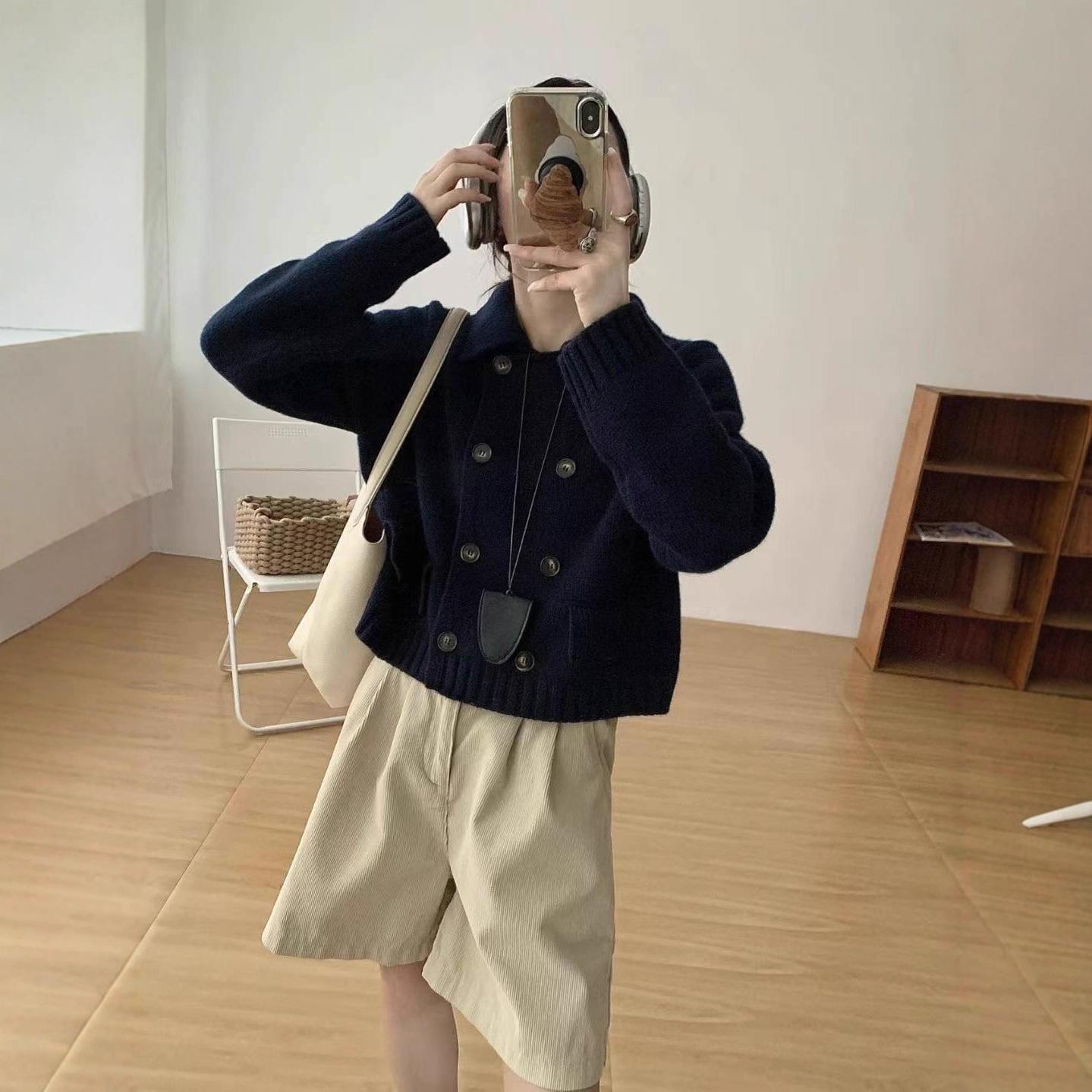 

Autumn Winter double-breasted Knitted Sweater Short Cardigan jacket Loose turndown collar Fashion solid y2k Sweaters youth Women One Size